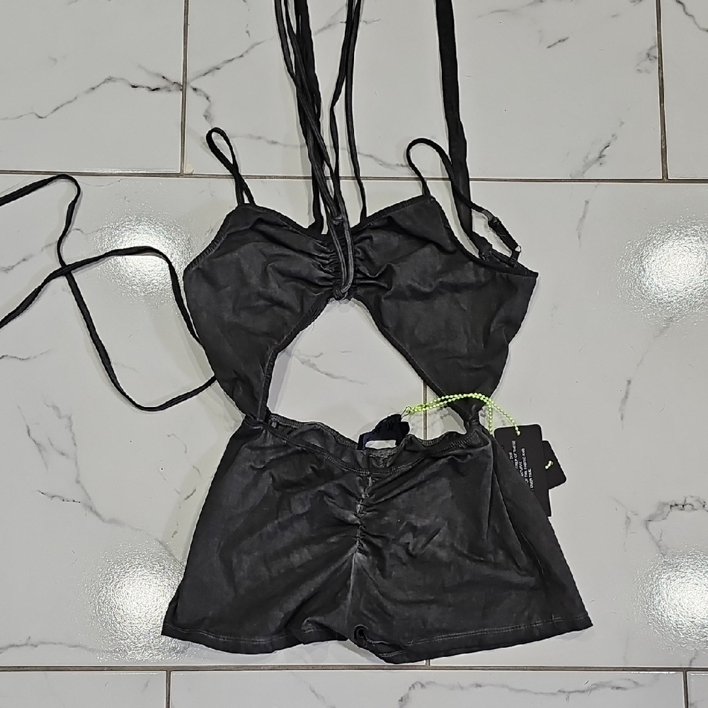 NWT Darker Wavs Black Strappy Bodysuit